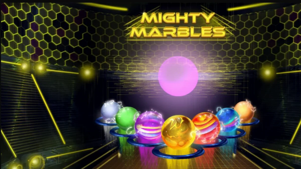 Interface do jogo de slot Mighty Marbles com esferas neon e grade 7x7