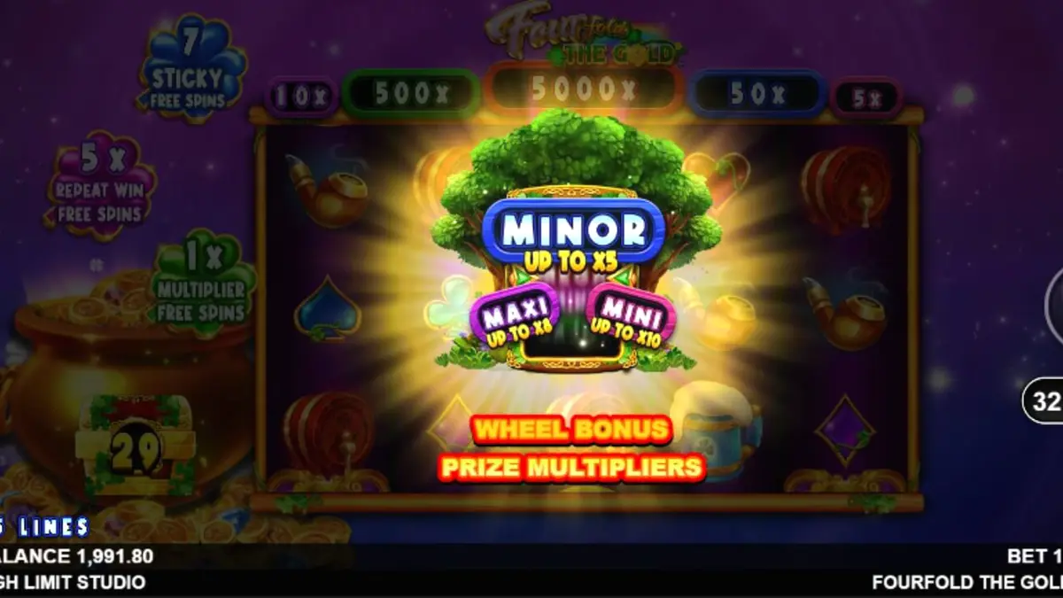 Leprechaun espacial em um fundo de gal&aacute;xia colorida no slot Fourfold the Gold